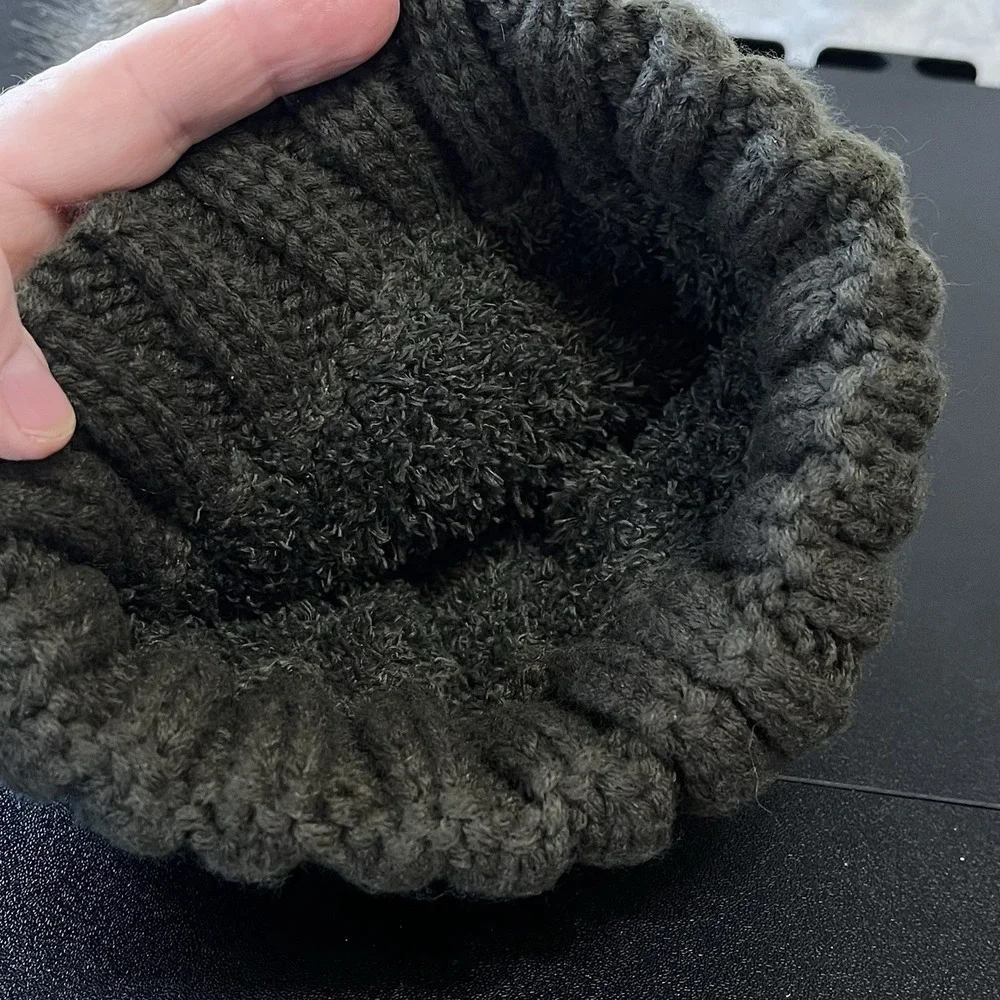 C.C. Beanie Toboggan Thick Cable Knit Faux Fur Pom Pom Hat Army Green